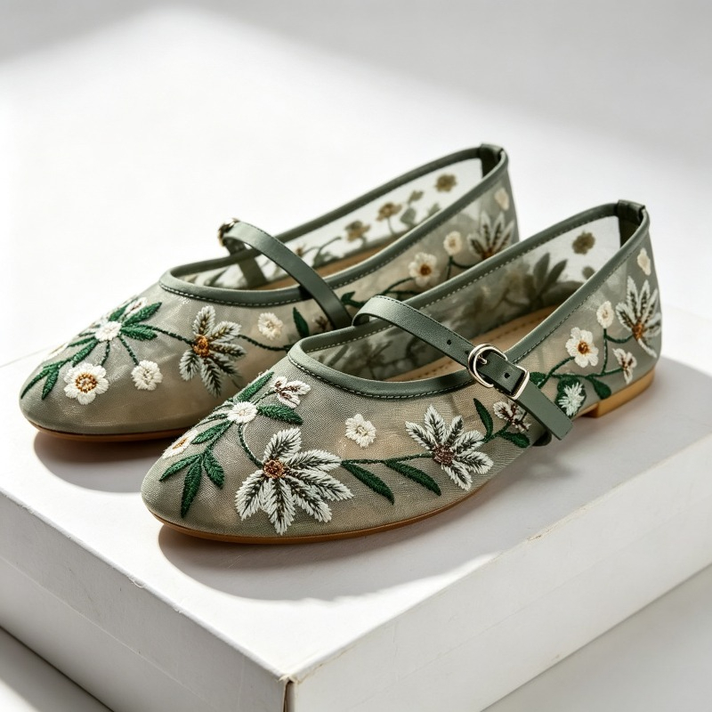 Ethnic Fashion Design - 메쉬 수 놓은 레저 발레 플랫