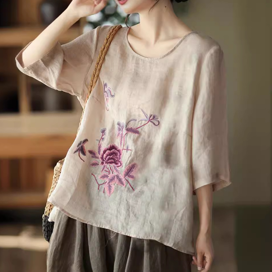 New Ethnic Fashion - 플러스 사이즈 여성 여름 레트로 블라우스